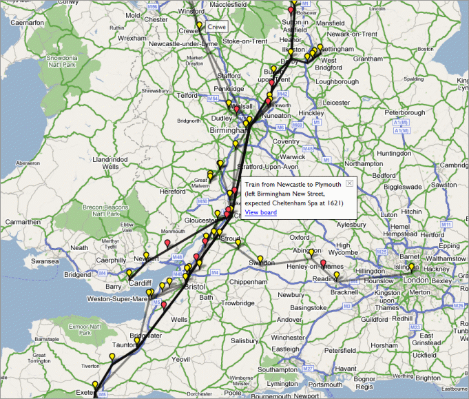 Map of trains on approach to Cheltenham